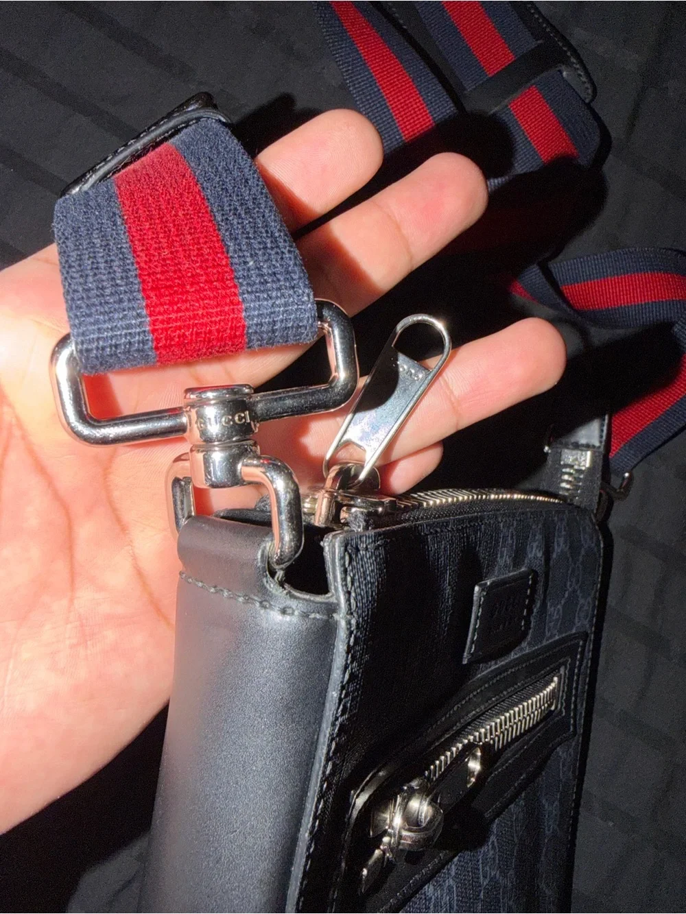 Gucci Black Leather with red and blue  Handbag with Interior Serial Tag